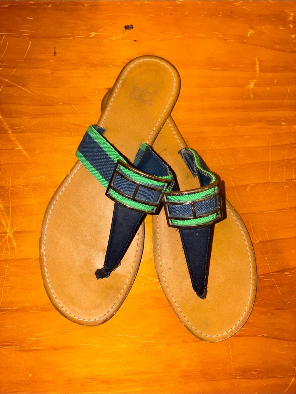 Tommy Hilfiger Navy & Green Striped Thong Sandals